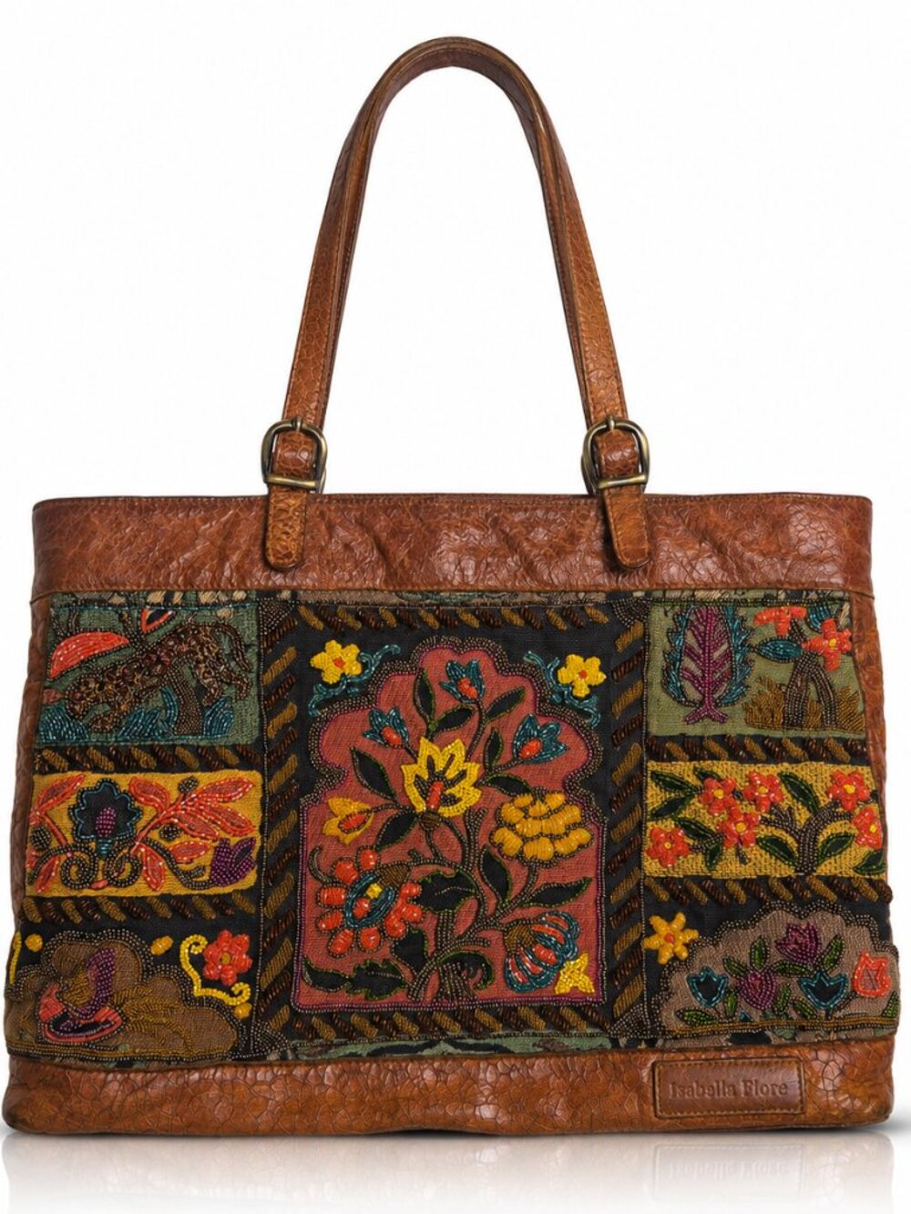 Isabella Fiore Beaded Floral Tapestry Leather Shoulder Tote Bag Boho Brown